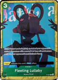 Sachet promo One Piece Card Game scellé, carte anglaise Fleeting Lullaby P-057 visible à travers l'emballage