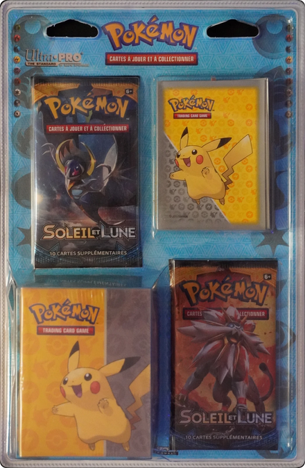 Blister Pokémon Soleil et Lune français scellé, deux boosters Lunala et Solgaleo avec boîte de rangement et protège-cartes Pikachu