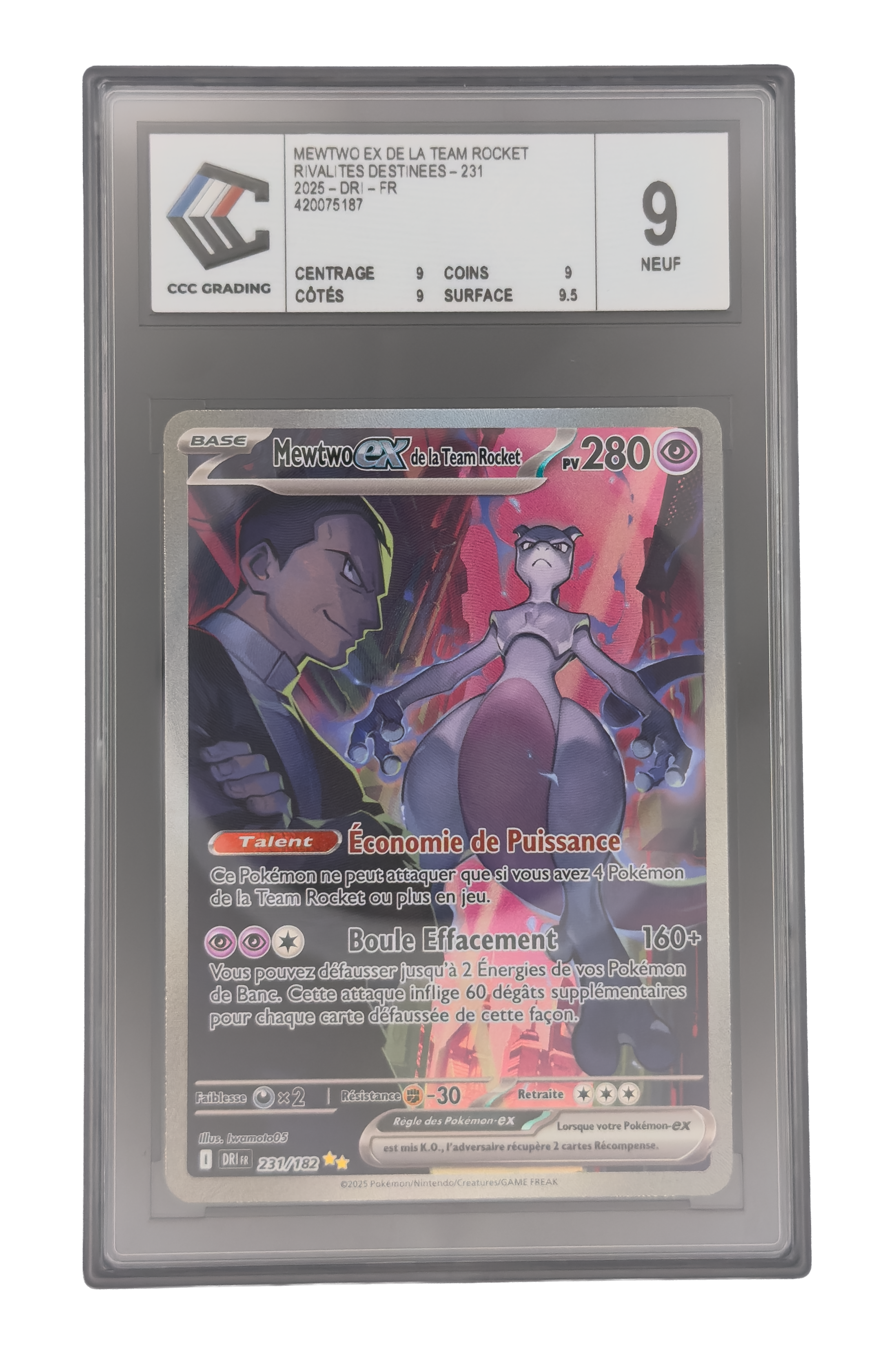 Mewtwo ex de la Team Rocket SAR, carte Pokemon française gradée 9 scellée en slab
