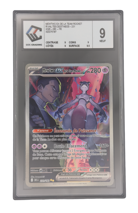 Mewtwo ex de la Team Rocket SAR, carte Pokemon française gradée 9 scellée en slab