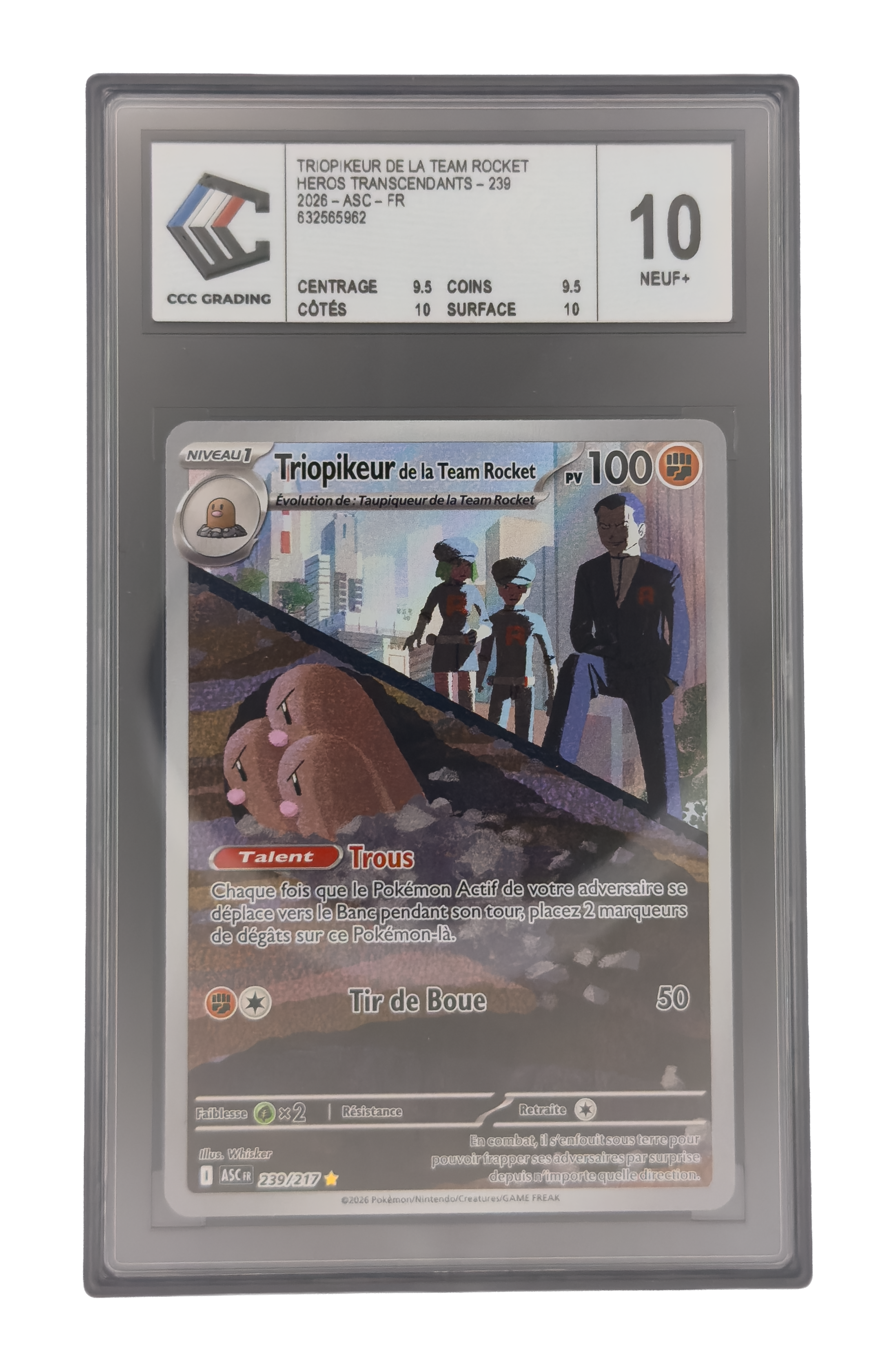 Triopikeur de la Team Rocket AR, carte Pokemon française gradée 10 scellée en slab